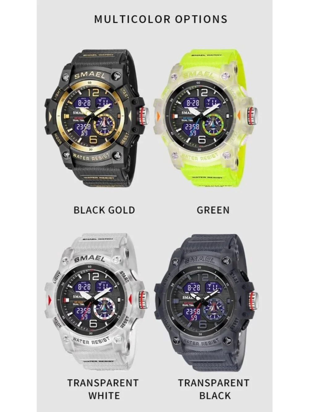 Mens Translucent&Green Analog Quartz S-Shock Waterproof Sports LED Digital Watch